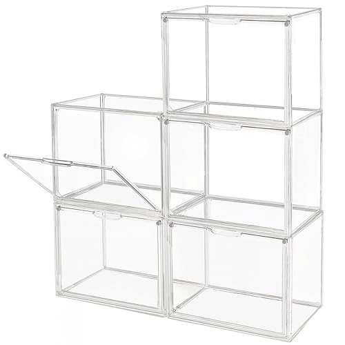 GUDEMAY Clear Stackable Plastic Storage Bins with Magnetic Lid, Dustproof Book & Cosmetic Display Cases, Large Figures Collectibles Showcase, Shoe Box, Protection Organizer (L, Count, 5) - size: L