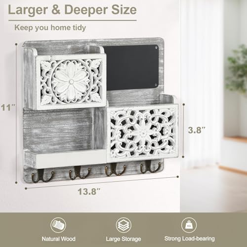 Mail Organizer Wall Mounted, 2 Slots Key Holder for Wall with 8 Hooks, Rustic Wood Key Rack with Shelf for Entryway Hallwall Farmhouse - size: Large
