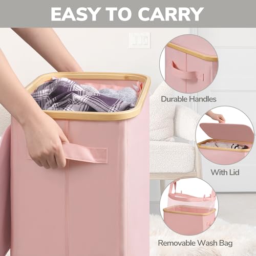 Goodpick Laundry Basket with Wheels, Collapsible Clothes Hampers with Removable Laundry Bag 100L Large Rolling Hamper with Lid for Bedroom, Bathroom, Pink - color: Pink, size: 100L (17.3"L x 13"W x 29.5"H)