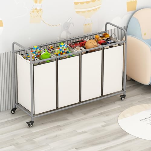 Laundry Sorter 4 Section Hamper Sorter with Heavy Duty Lockable Rolling Wheels Removable Bags Basket Separator for Dirty Clothes Storage, Beige - size: 4 Bags Beige