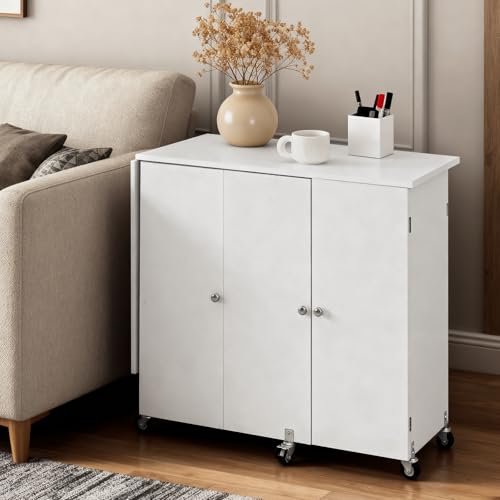 VEVOR Folding Sewing Table, Multipurpose Sewing Machine Table with Cabinet, Compact Design, Wheels, Wooden Pegs, Storage Trays and Shelf, Magnetic Door, Craft Station and Side Desk for Home, White - size: White w/ Cabinet