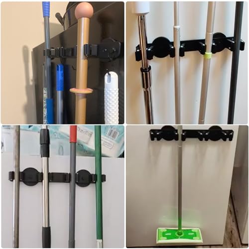Magnetic Mop Broom Holder,Heavy Duty Movable Magnetic Wall Mount Tool Racks,No Drilling Utility Storage Shovel Hanger for Garage,Closet,Garden,Kitchen,Laundry (4 Hooks 3 Grippers,Black) - style: 4 Slot 3 Hooks Magnetic Mop Holder