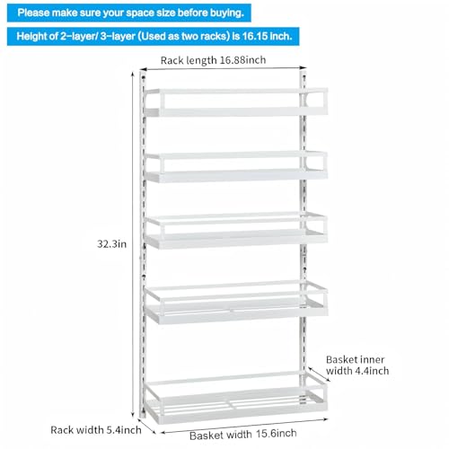 X-cosrack Wall Mount Spice Rack Organizer 5 Tier Height-Adjustable Hanging Spice Shelf Storage for Kitchen Pantry Cabinet Door, Dual-Use Seasoning Holder Rack with Hooks, White - color: White, size: 5x 4.6"D