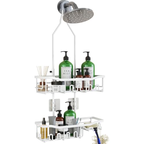 Upgraded Extended Length Shower Organizer with Hooks, Rustproof Shampoo Soap Holder, Large Hanging Bathroom Caddy - color: White - 2 Tier - Standard