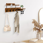 Coat Rack Wall Mount with Shelf, 4 in 1 Wood Coat Hooks with Key and Mail Holder, 17 Inch Entryway Hanging Shelf with Sunglasses Holder and 4 Metal Hooks for Clothes Hats Bag, Brown - color: Brown