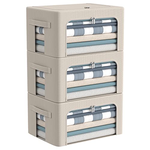 3Pack Frame Storage Box - Clothes Storage Bin Bags Oxford Fabric Foldable Stackable Container Organizer Set with Clear Window & Carry Handles Large Capacity (Beige, Small-22L) - color: Beige, size: Small-22L