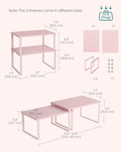 SONGMICS Cabinet Organizer Shelf, Set of 2 Kitchen Counter Shelves, Kitchen Storage, Spice Rack, Stackable, Expandable, Metal and Engineered Wood, Jelly Pink UKCS020S01 - color: Jelly Pink, size: 11.7"W