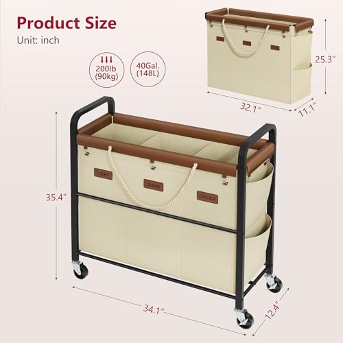 Tajsoon 148L Large Laundry Sorter 3 Section, Laundry Hamper with Heavy Duty Lockable Wheels, Rolling Laundry Cart with Sturdy Metal Frame, Leather Patchwork Laundry Basket with Removable Bag, Beige - color: Beige, size: 3 Bag 148L