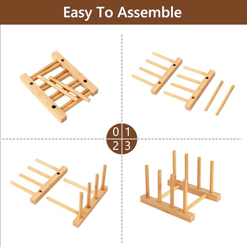 HBlife 2pcs Bamboo Dish Plate Bowl Cup Book Pot Lid Cutting Board Drying Rack Stand Drainer Storage Holder Organizer Kitchen Cabinet（Keep Dry） - color: Bamboo 3 Slots 2pcs