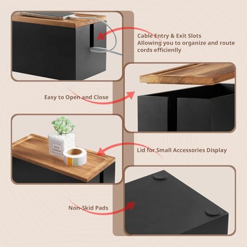 Wood Cable Management Box - Cable Organizer Box - 2 Open Slots Cords Hider Box - Under Desk Cord Organizer for Power Strip Extension Cord Surge Protector Charger Wire, Black - color: Black, size: Medium