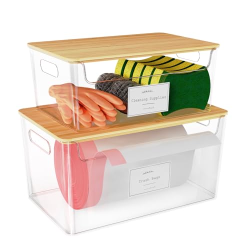 COAZEX 2 Pack Trash Bag Holder Under Sink Stackable, Plastic Garbage Dispenser with Lid, Trash Bag Storage Dispenser Roll Holder for Kitchen, Pantry, Laundry Room Organization - color: A-Clear