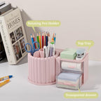 Anyoifax 360° Rotating Pen Holder 7 Slots Desk Organizer with Drawer Removable Pencil Cup Plastic Art Supplies and Accessories Desktop Storage Box Caddy for Office, School, Home (Green) - style: Pink+Drawer