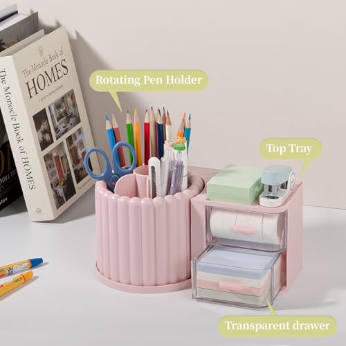 Anyoifax 360° Rotating Pen Holder 7 Slots Desk Organizer with Drawer Removable Pencil Cup Plastic Art Supplies and Accessories Desktop Storage Box Caddy for Office, School, Home (Green) - style: Pink+Drawer