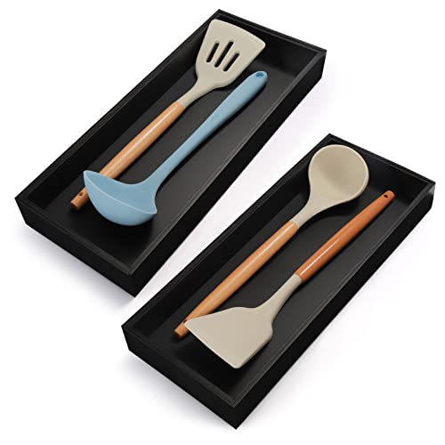 Lixple Bamboo Kitchen Drawer Organizer - Set of 2, Stackable Utensil Organizers, Wooden Storage Box Tray for Cabinet, Pantry, Bathroom Countertop, Multi-use Organization and Storage (Black) - color: Black, size: 15 x 6 x 2 Inch