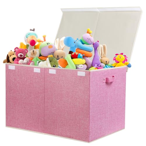 122L Large Toy Box Chest with Lid, Foldable Toy Storage Organizer Bin Boxes with Removable Divider for Kids, Boys, Girls, Nursery, Playroom, 26"x17" x17"(Linen Pink) - color: Extra Large Pink