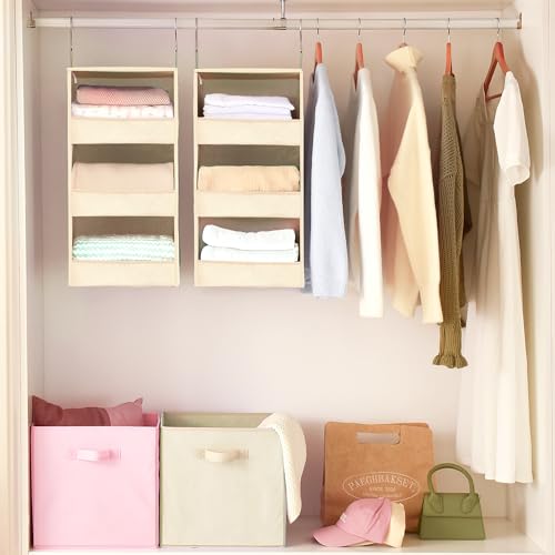 GRANNY SAYS 3 Shelf Hanging Closet Organizers and Storage, Collapsible Closet Storage Organizer with 2 Metal Hooks, Leak-Proof Hanging Shelves for Wardrobe, RV Camper, Locker, 2 Pack, Khaki - color: 3-shelf Khaki, size: 2-Pack