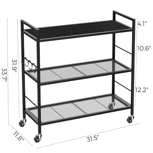 3-Tier Metal Storage Rack with Industrial Wheels,Mesh Shelving Unit with Wooden Table top,Adjustable Shelf,31.5-Inch Width, for Kitchen, Laundry,Pantry,Plant,Black panel and black frame - color: Black Panel, size: 3 Tier (31.5"W x 11.8"D)