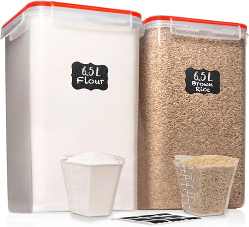 WHITE FEATHER SUPPLIES 2 PC [6.5L / 220 Oz] Large Flour Sugar Storage Containers - Leak Proof, BPA Free, Clear Plastic Food Storage Containers with Lids Airtight - Bulk Storage for Kitchen and Pantry - color: Red - 2 Pack