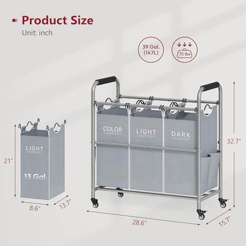 Tajsoon 3 Bag Laundry Sorter Cart, Laundry Hamper Sorter Basket with Heavy Duty Lockable Rolling Wheels for Clothes Storage, Grey & White - color: GreyWhite, size: 3 Bag