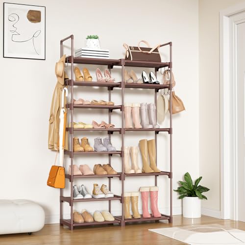 ROJASOP Shoe Rack Organizer, 8-Tier Metal Shoe Rack for Closet Entryway Garage, 26-32 Pairs Tall Shoe Boot Storage Shelf with 15 Hooks, Stackable Large Shoe Stand, Brown - color: Brown