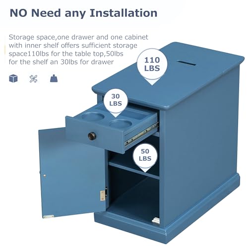 Multifunctional Classic Vintage End Table with USB Ports and 1 Drawer with Cup Holders, Sofa Side Bedside Nightstand Narrow Table for Living Room Bedroom (Antique Navy) - color: Antique Navy