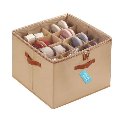 OrganiHaus Large Shoe Storage Bin for Closet, Shoe Organizer Box Fits up to 16 Pairs, Collapsible Fabric Shoe Basket w/Clear Cover, Adjustable Dividers & Reinforced Handles, Brown - color: Brown