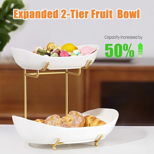 2 Tier Ceramic Fruit Bowl for Kitchen Counter, Tiered Fruit Basket for Countertop, Modern Multi Layer Fruit Display Stand for Party, Cute (Gold&White, Large) - color: Gold&White, size: Large