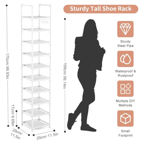 LANTEFUL Tall Narrow Shoe Rack 10-Tier Skinny Shoe Shelf Storage for 10-15 Pairs Shoes and Boots, Space Saving Corner Shoe Rack Organizer for Closet, Entryway, Garage, Living Room,White - color: White, size: 10 tiers