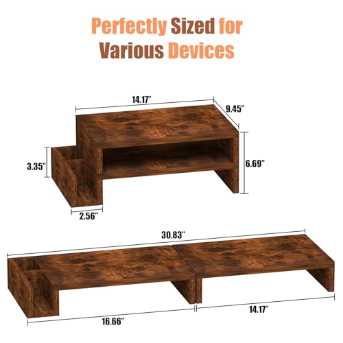 Wood Dual Monitor Stand Riser for Desk, 30" Long Monitor Riser with Pen Holders, Desktop Storage Organizer for 2 Monitors, Computer, Laptop, PC, Printer, TV, Rustic Brown (Dual) - size: Dual