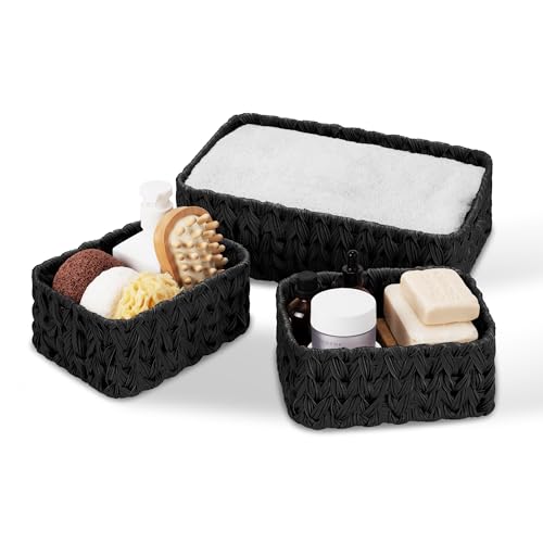 GRANNY SAYS Wicker Baskets for Organizing, Wicker Storage Basket for Shelf, Woven Baskets Oraganizer, Waterproof Vanity Basket for Towel, Home Organization, Black, 3-Pack - color: Black, size: 13"L x 9"W x 4"H + 2x 7¾"L x 5¾"W x 3½"H