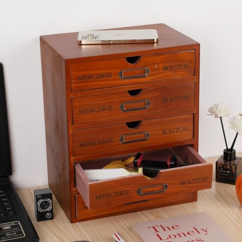 Wooden Storage Box with 5 Drawers Apothecary Drawers Vintage Wooden Drawers Wood Desktop Organizer with Drawers Countertop Drawers Library Card Catalog Cabinet Apothecary Cabinet （BROWN） - color: BROWN05
