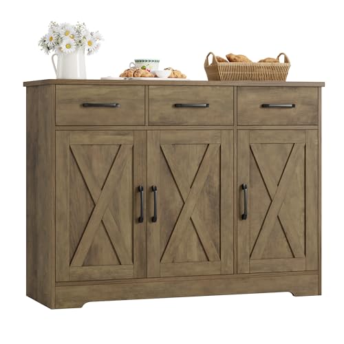 HOSTACK Modern Farmhouse Buffet Sideboard Cabinet, Barn Doors Storage Cabinet with Drawers and Shelves, Wood Coffee Bar Station for Dining Room, Kitchen, Living Room, Rustic Brown - color: Rustic Brown