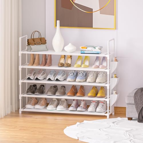 OYREL 5 Tier Shoe Organizer, 33.3in Wide x 11.2in Deep x 35.6in Tall, Black Metal and Plastic Shoe Rack with Side Bag, Holds 20-25 Pairs of Shoes - color: White, size: 5 Tier