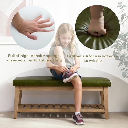 HUIMO Entryway Shoe Bench with Cushion, End of Bed Bench,Upholstered Bench for Kitchen, Bench with Solid Wood Shelf, Leather Ottoman Bench for Hallway, Living Room (PU-Green) - color: Pu-green