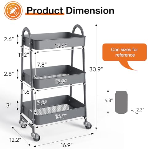 NEWBULIG 3-Tier Rolling Utility Cart with Locking Wheels, Slim Metal Mobile Storage Organizer Shelf for Small Spaces, Bathroom, Living Room, Grey - color: Gray, size: 3-Tiers