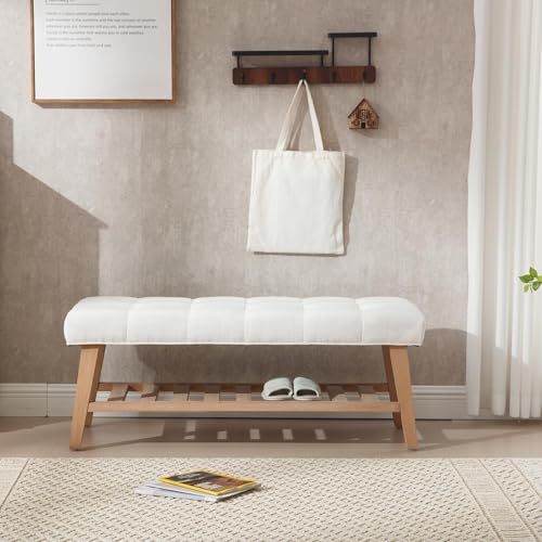 Wooden Entryway Bench for End of Bed Bench with Shoe Shelf Farmhouse Button Tufted Linen Fabric Upholstered Hallway Bench for Living Room/Bedroom/Hallway/Window Corner, Ivory - color: Ivory