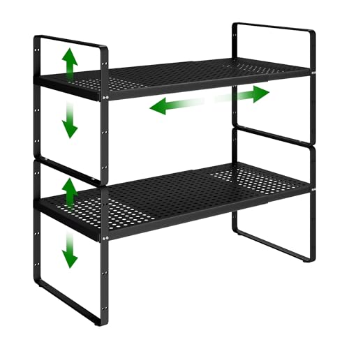 Expandable Kitchen Cabinet Shelf Organizer Rack Heavy Duty Metal Spice Rack Stackable Kitchen Counter Storage Shelf for Kitchen Cabinet Pantry Bathroom (Black - 16.5"-27" L x 10.2" W x 9.6" H - 2Pack) - color: Black - 16.5"-27" L x 10.2" W x 9.6" H - 2Pac