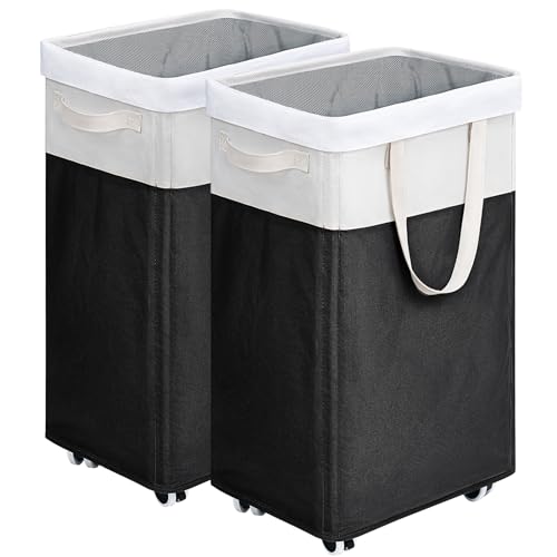 Goodpick Hamper with Wheels 75L 2-Pack, Tall Laundry Basket with Removable Wash Bags, Rolling Black Laundry Hamper for Corner Dorm, Large Collapsible Laundry Baskets - color: Black & White 2-Pack