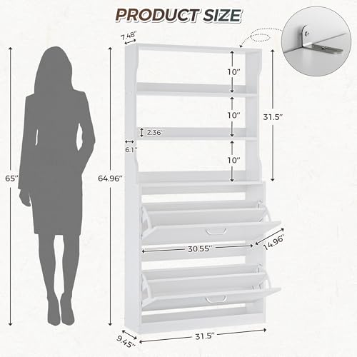 IRONCK Tall Shoe Cabinet with 2 Flip Drawers, Narrow Hidden Shoe Storage Cabinet with Shelves, Slim Freestanding Shoe Organizer for Entryway, Hallway, White - color: White