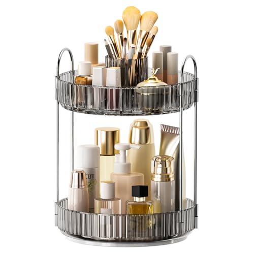 360° Rotating Makeup Organizer, Upgraded 2 Tier Skincare Perfume Organizers for Women, Bathroom Organizer Countertop, Clear Cosmetic Dresser Organizer with Makeup Brush Holder, Sink&Counter(Grey) - color: Grey, size: 2 Tier
