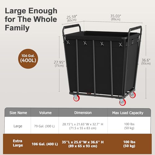 Hoctieon Large Laundry Cart with Wheels, 400L Heavy Duty Laundry Basket Organizer, Rolling Hamper Sorter for Clothes Storage, Industrial Dirty Clothes Hamper for Home & Hotel, Black - color: Black, size: 400L