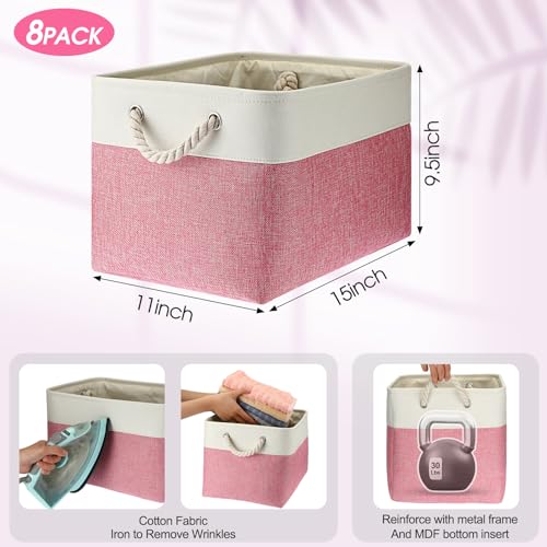 meekoo 8 Pack Collapsible Storage Bins Fabric Storage Bins Polyester Fabric Baskets with Handles Linen Closet Organizer for Shelf Home Closet Towels Toys(15 x 11 x 9.5 in,Pink White) - color: Pink White, size: 15 x 11 x 9.5 In