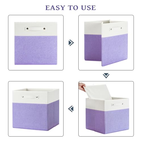 FinishingBo 13 x 13 Inch Fine Linen Storage Bins with Handles，Fabric Cube Boxs，Basket Organizers for Shelves for Home, Closet Drawers (White/Purple-4 Pack) - color: White/Purple-4 Pack