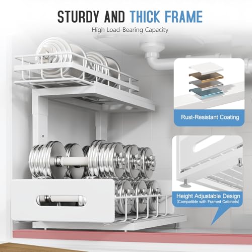 Under Sink Organizer Upgrade To Professional Rails,2-Tier Dual Pull Out Cabinet Storage,Height Adjustable Slide Out Drawers For Bathroom Kitchen,2 Pack-14.5"Dx12.8"-16.9"H,White - color: White, size: 2 Pack-14.5"Dx12.8"-16.9"H