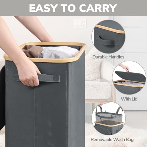 Goodpick Laundry Basket with Wheels, Large Rolling Laundry Hamper Slim Clothes Hampers with Removable Wash Bag Collapsible Dirty Clothes Basket with Lid, 100L, Gray - color: Gray, size: 100L (17.3"L x 13"W x 29.5"H)