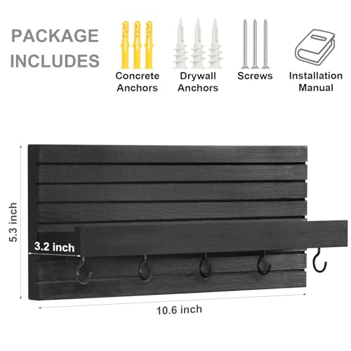 Lwenki Decorative Key Holder for Wall with Shelf, Entryway Shelf with Hooks Holds Leashes, Jackets and Glasses – Sturdy Wood Keyholder Entrance Hanger with Mounting Hardware (Black, Medium) - color: Black, size: Medium