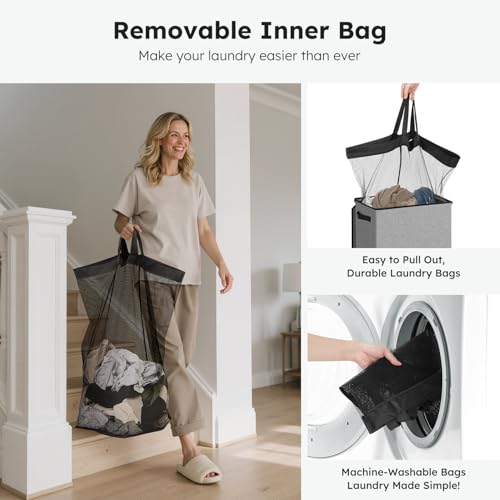SOLEDI Laundry Hamper with Lid 100L Large & Tall Collapsible Laundry Basket, Clothes Hamper with Bag Removable Easy to Carry, Dirty Hampers for Bedroom, Bathroom, Dorm, College, Grey - color: Grey, size: 100L