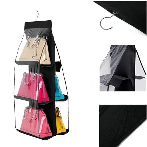 HAN SHENG 6 Pockets Clear Handbag & Purse Organizer Hanging Bag Storage - Space Saving Hanging Shelf for Closet, Wardrobe, Over Door (2 Pack, Black) - color: Black, size: 6 Pockets-2pcs
