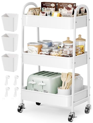 3 Tier Rolling Cart Metal with Wheels, Heavy Duty White Three Tiered Craft Cart Organizer on Wheels, Utility Roller Storage Carts for Art, Baby Nursery, Diaper Caddy, Snack,Book,Nail,Cleaning Supplies - color: Pure White, size: 3 Tier+Cups+Hooks