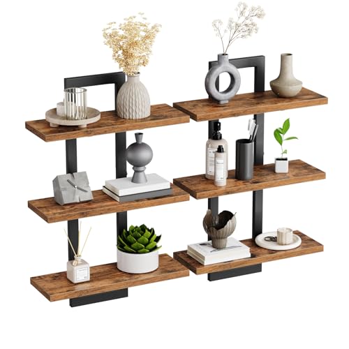 HOOBRO Floating Shelves, Set of 2 Wall Shelves, 3-Tier Wall Mounted Storage Shelves, Hanging Bathroom Shelves, for Living Room, Bedroom, Bathroom, Kitchen, Rustic Brown and Black BF31BJP201